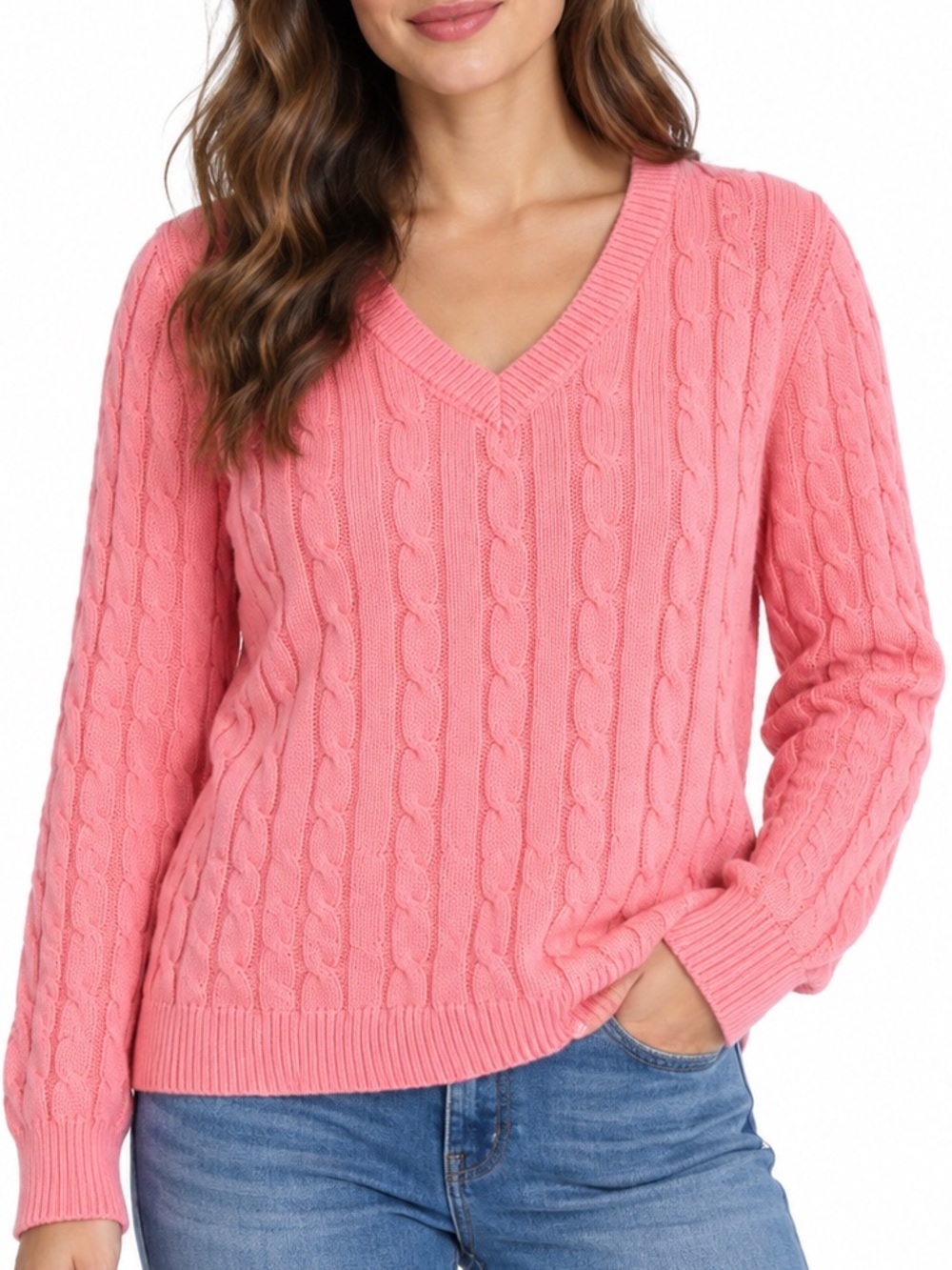Gap Pink Cable Knit V-Neck 100% Cotton Sweater Women’s Large